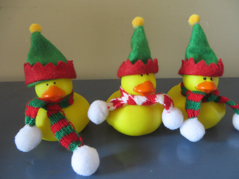 Christmas Elf Rubber ducks with elf hats and scarves - set of 3 Christmas elf rubber duckies