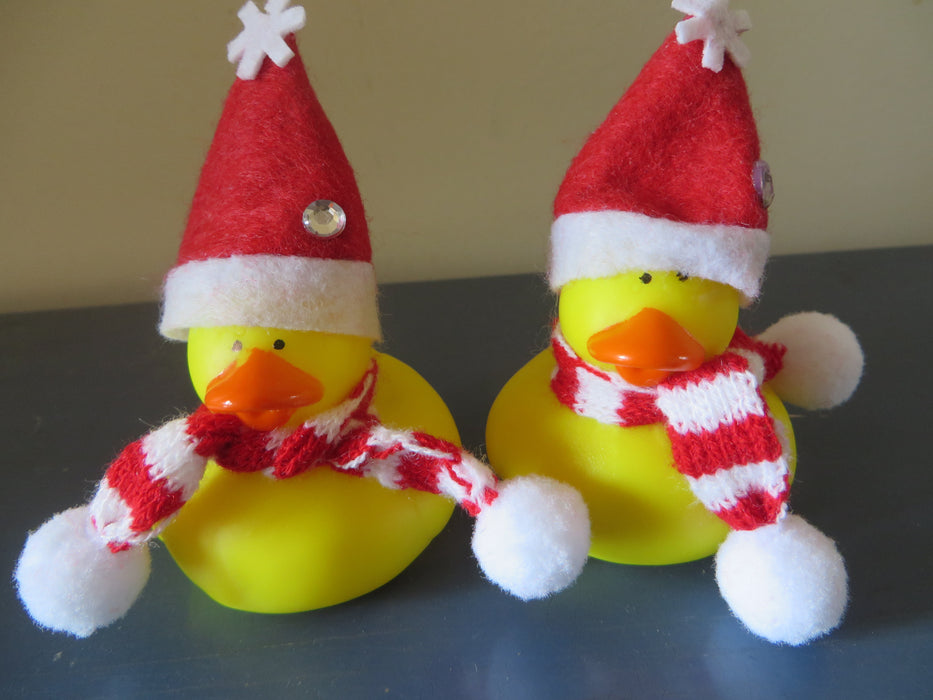 Two Christmas Elf Rubber ducks with elf hats and scarves - set of 2 Christmas elf rubber duckies