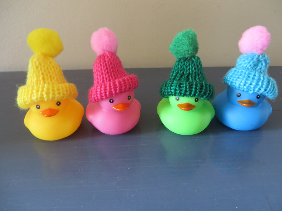 Mini neon color rubber ducks with matching knit beanie - set of 4 as shown - yellow, pink, green, and blue