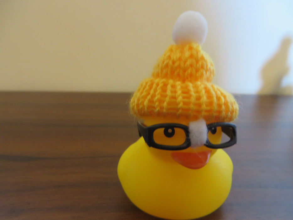 Nerd rubber duck with beanie and glasses