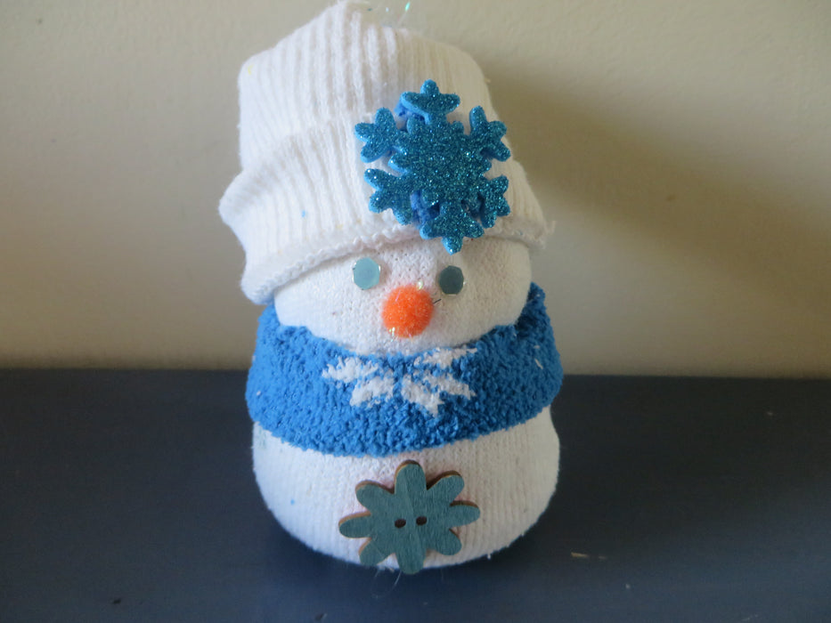 Handmade Blue and White Snowflake Sock Snowman - approximately 6" tall and 3" wide - can be customized for you