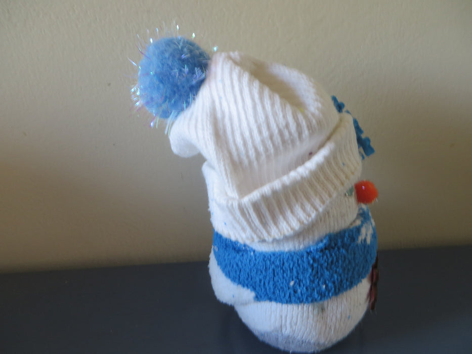 Handmade Blue and White Snowflake Sock Snowman - approximately 6" tall and 3" wide - can be customized for you