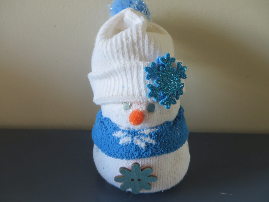 Handmade Blue and White Snowflake Sock Snowman - approximately 6" tall and 3" wide - can be customized for you