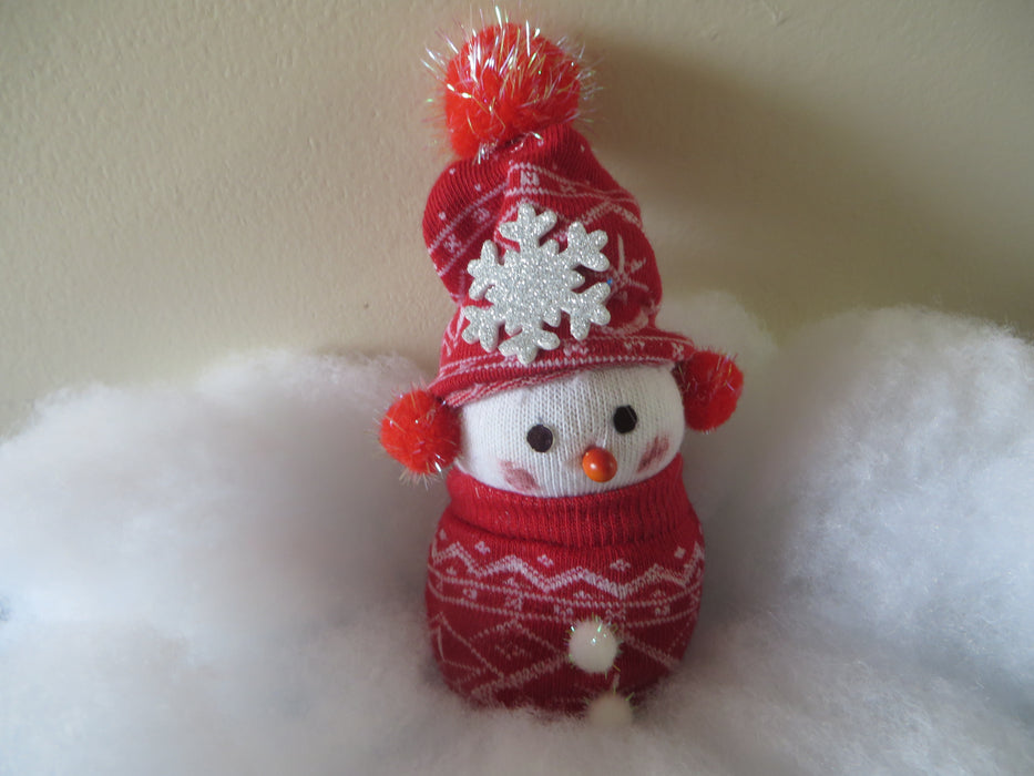 Handmade Mini Sock Snowman with earmuffs - approximately 5" tall and 2" wide - can be customized for you