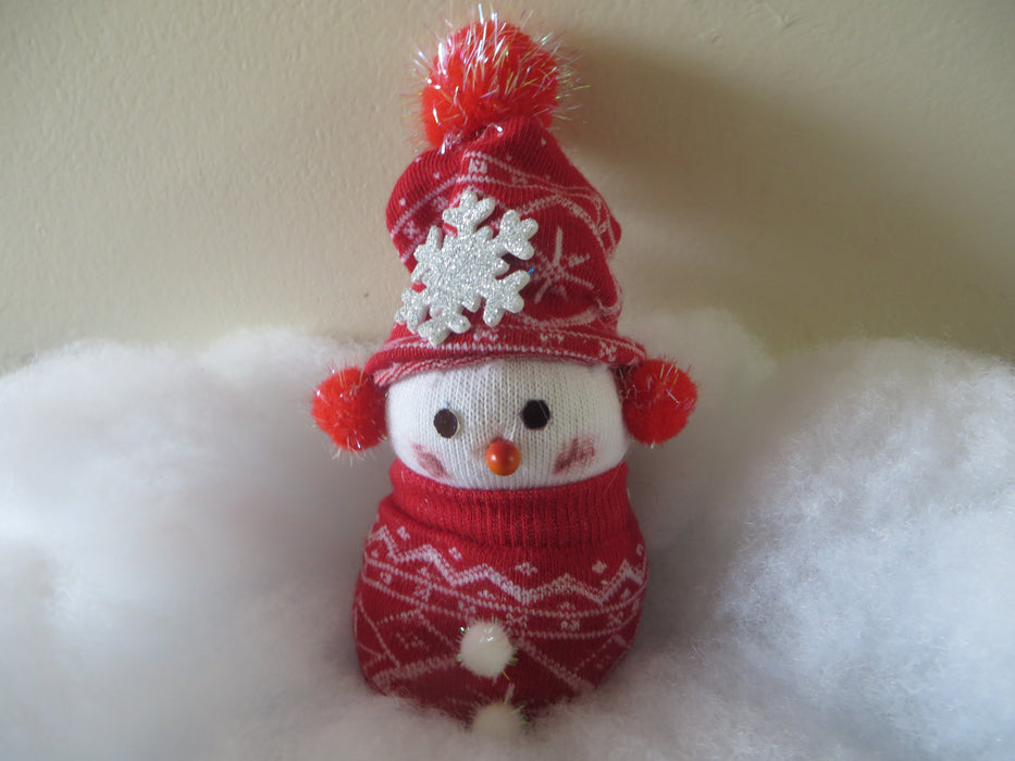 Handmade Mini Sock Snowman with earmuffs - approximately 5" tall and 2" wide - can be customized for you