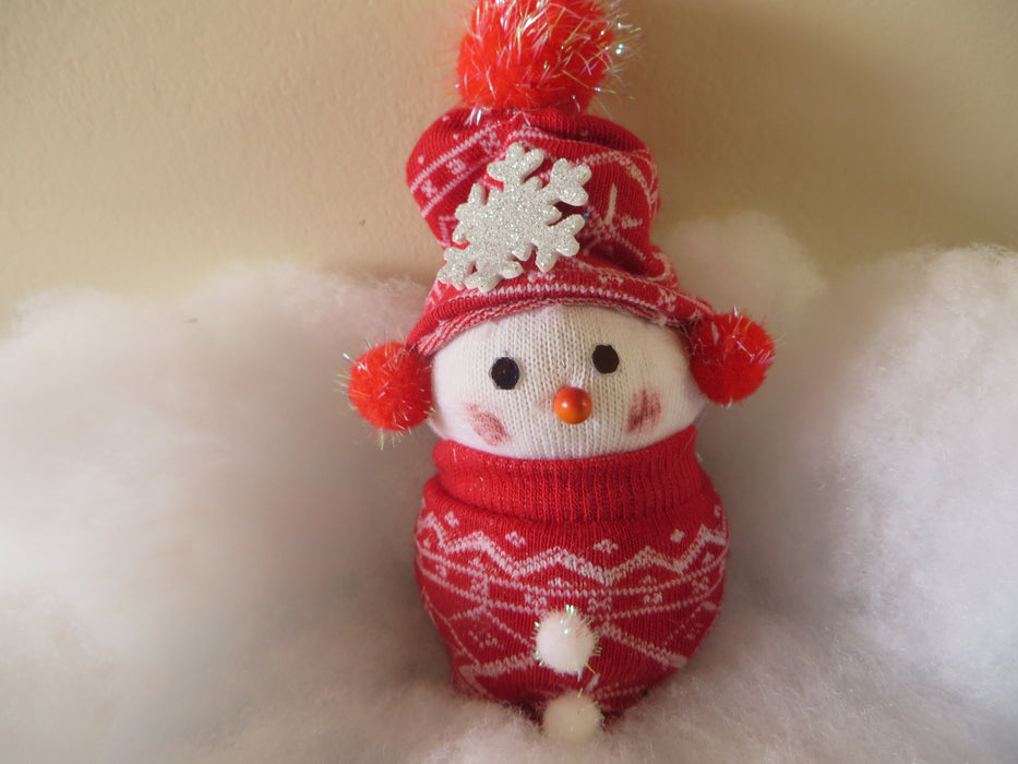 Handmade Mini Sock Snowman with earmuffs - approximately 5" tall and 2" wide - can be customized for you