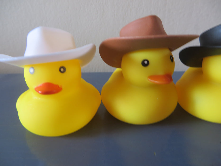 Barn Dance Rubber ducks - set of four rubber ducks - white, brown, black, and pink hats