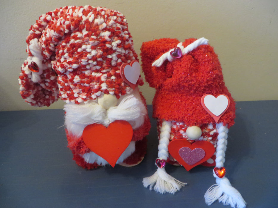 Handmade St. Valentine's Day gnomes - approximately 8" tall and 4" wide and 7" tall and 4" wide.