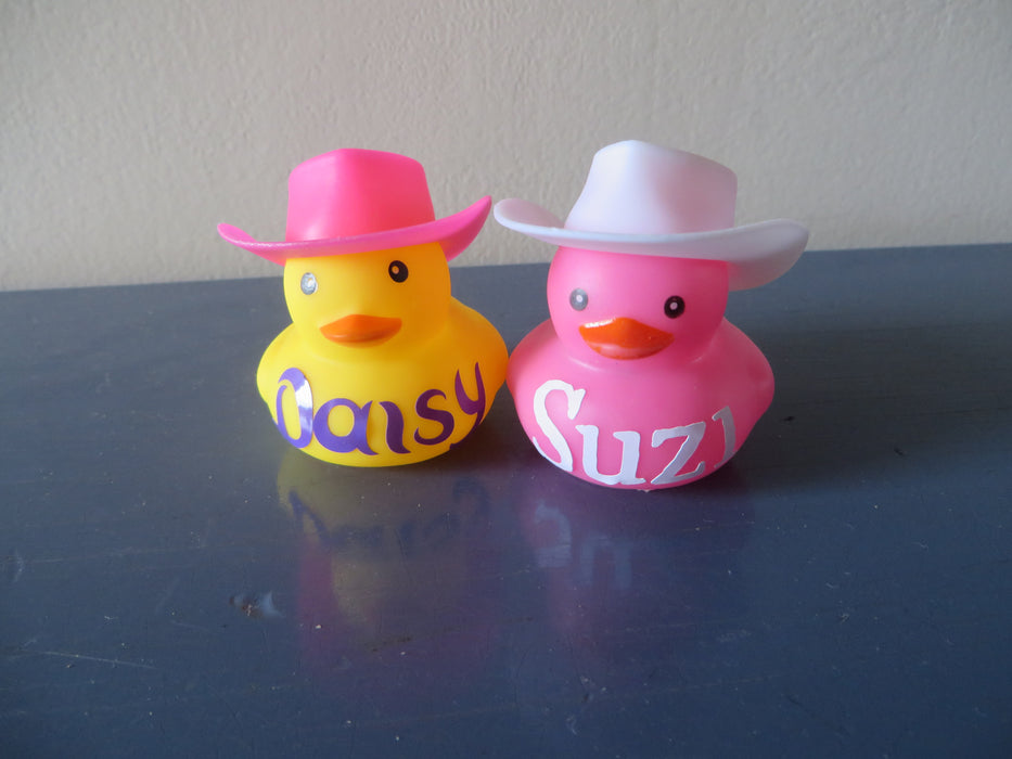 Personalized cowgirl with hat rubber ducks - name is printed out on ducky, using vinyl - gag gift, gift bag, party favors