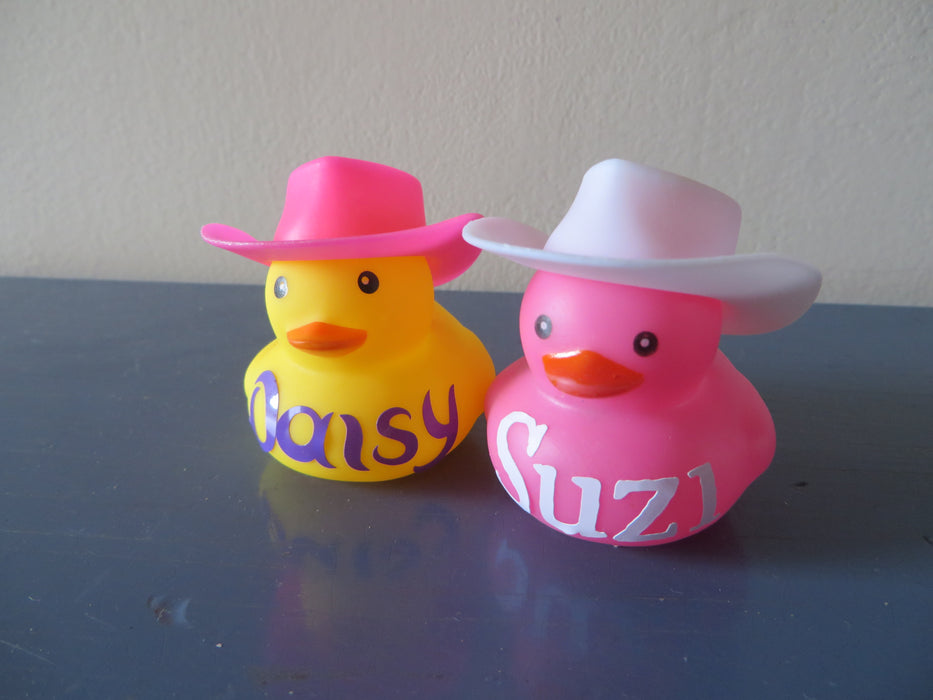 Personalized cowgirl with hat rubber ducks - name is printed out on ducky, using vinyl - gag gift, gift bag, party favors