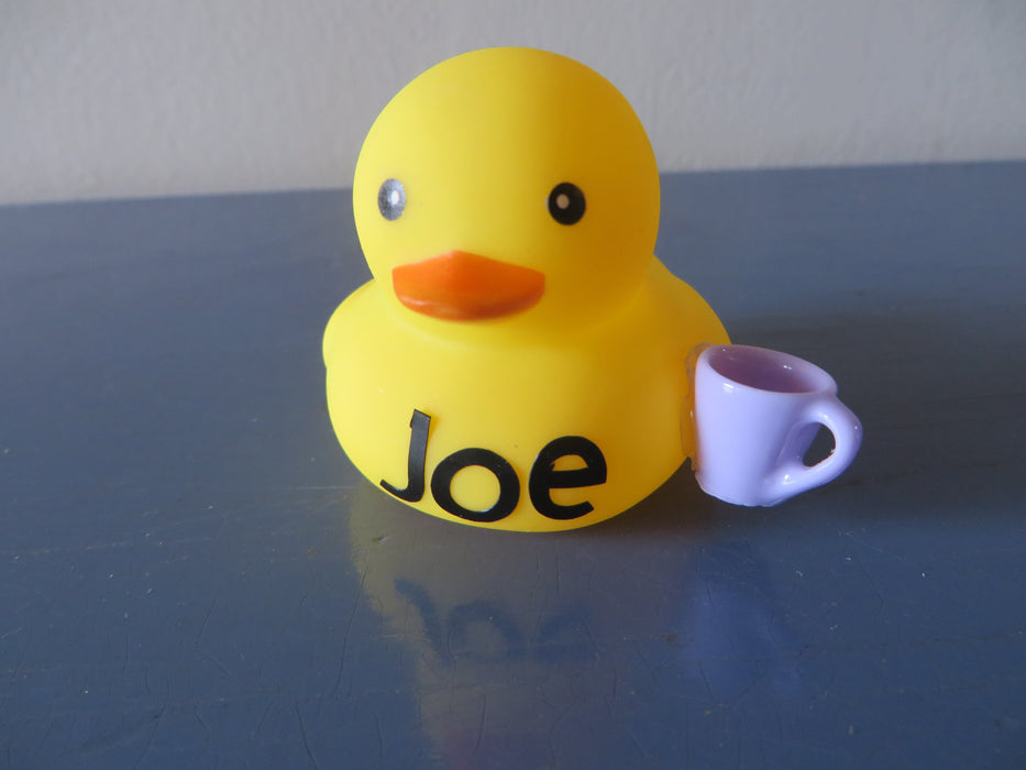 Personalized cup of joe rubber ducks - name is printed out on ducky, using vinyl - gag gift, gift bag, party favors