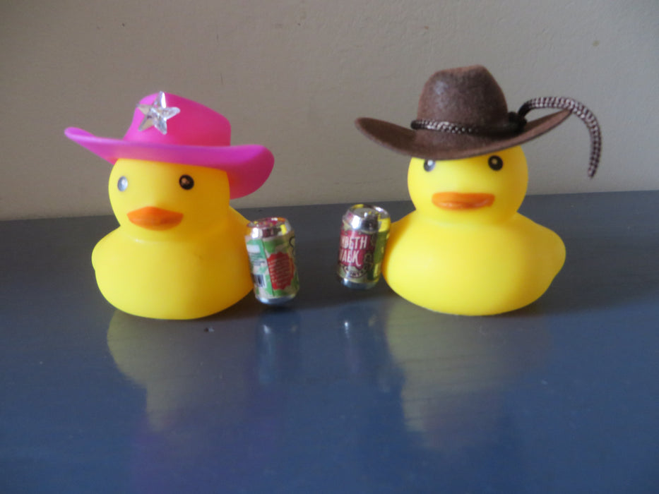 Western Rubber ducks with beers and hats - cowboy, cowgirl rubber ducks holding a beer