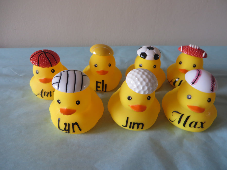 Personalized Sports Rubber ducks with balls - football, baseball, tennis, basketball, soccer, golf, volleyball, football- gag gifts, sports loving friend, party favors