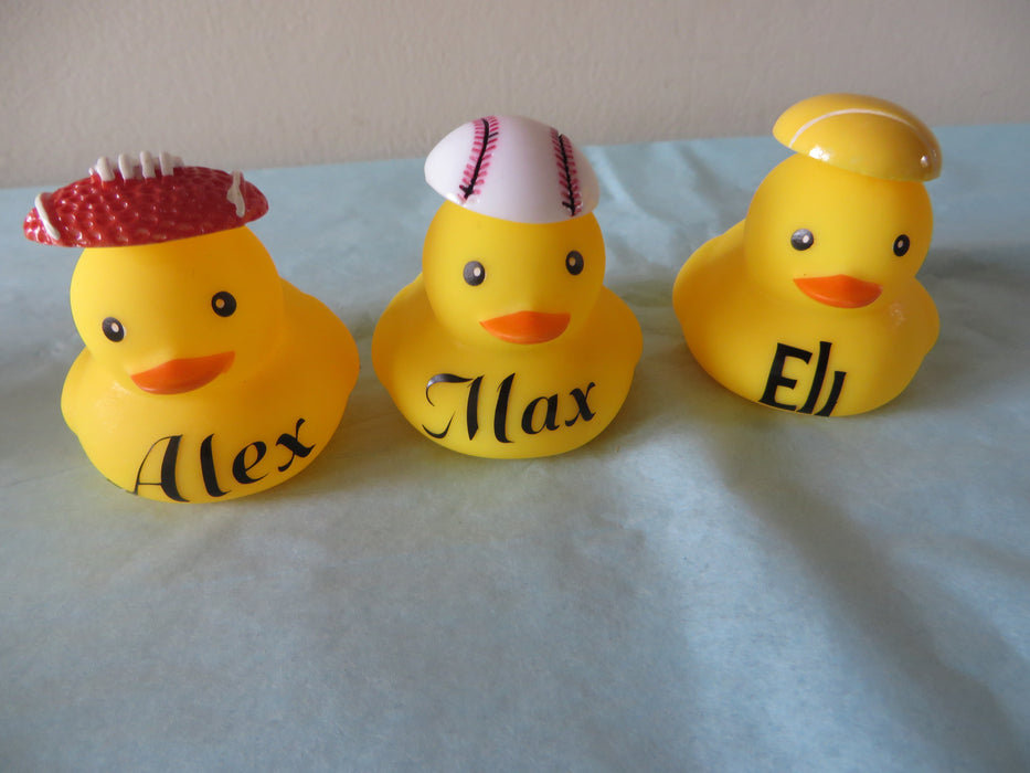 Personalized Sports Rubber ducks with balls - football, baseball, tennis, basketball, soccer, golf, volleyball, football- gag gifts, sports loving friend, party favors