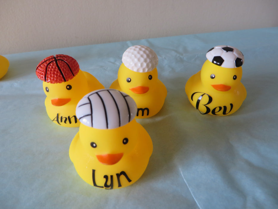 Personalized Sports Rubber ducks with balls - football, baseball, tennis, basketball, soccer, golf, volleyball, football- gag gifts, sports loving friend, party favors