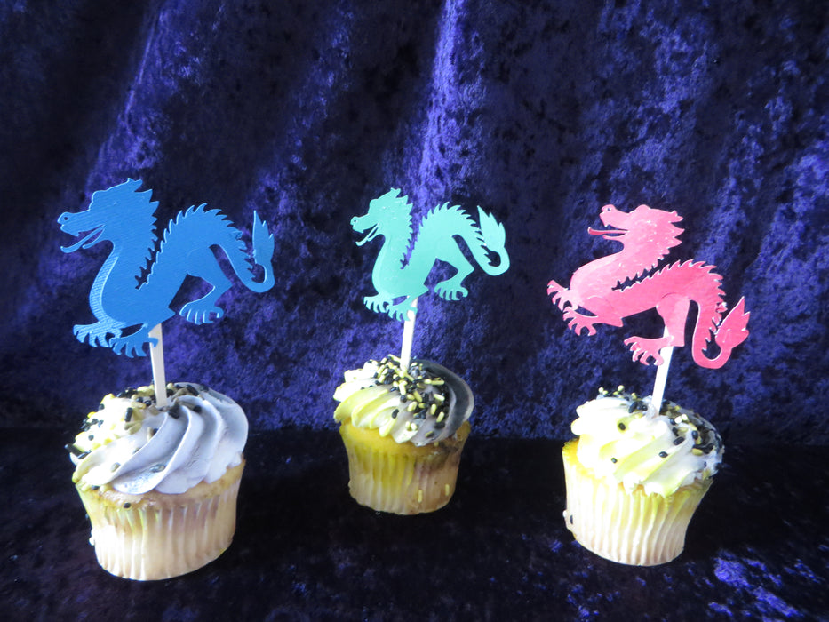 12 colorful dragon Cupcake Toppers - blue, green, pink - set of 12