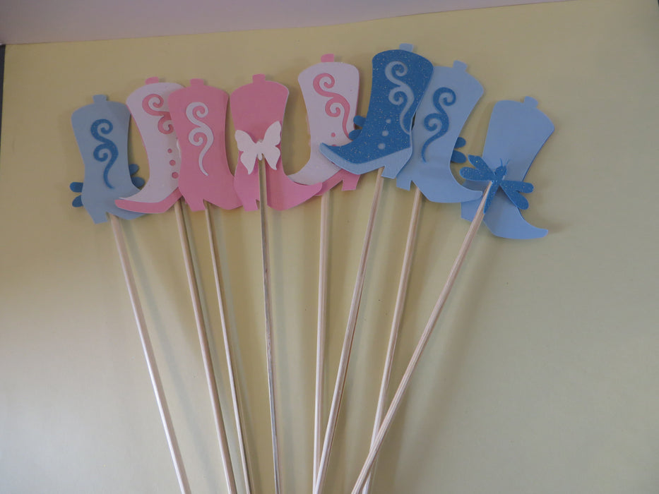 Boot Gender Reveal fruit skewers - set of 12 - rustic gender reveal; country cupcake toppers