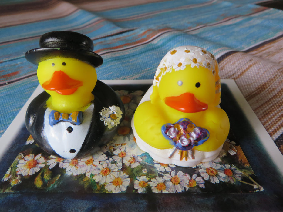 Custom painted  Bride and groom Rubber ducks - I will coordinate your wedding colors with the duckies