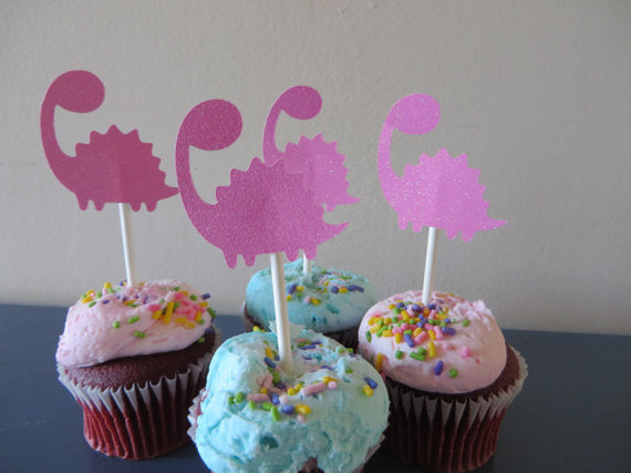 Pink Glitter Dinosaur Cupcake Toppers - choose your colors - set of 12