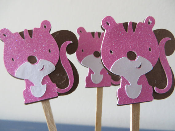 Cute Pink Squirrel cupcake toppers - Rubber ducks - pink squirrels for girls night in party!  set of 12