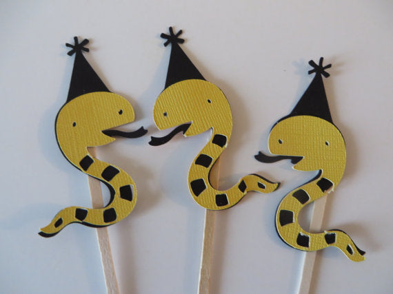 Very popular!  Black and Yellow Snake Cupcake Toppers - choose your colors - set of 12